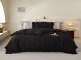 Black Elegant Ruffle Seersucker Duvet Cover with 2PCS Pillow Shams - 3-Piece Vertical Stripe Clipped V888-ELOSUNG49377