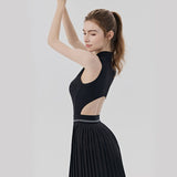 Black Size S Women's Tennis Dress - Pleated Skirt One Piece Sports Dress with Built In Shorts, Open V888-ELOSUNG57302-1