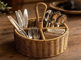 Hand Woven Rattan Round Utensil Caddy with 4 Compartments - Flatware Silverware Storage Basket with V1366-AZ2-W-13080