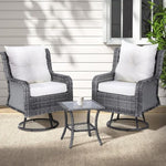 Gardeon 3PC Outdoor Furniture Bistro Set Lounge Wicker Swivel Chairs Table Cushion Grey ODF-B-RAN-ROAT-3PCS-GE-AB