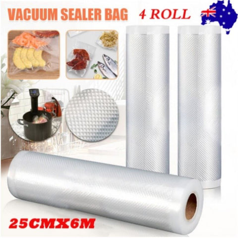 4 Roll VACUUM FOOD SEALER BAGS SAVER SEAL ROLLS STORAGE COMMERCIAL HEAT GRADE 25CMX6M V201-W12783754