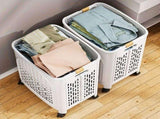 A wheeled foldable plastic laundry basket, suitable for dirty clothesnd easy to move. It features V1106-XYL001