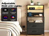 Artiss Bedside Table Tall Nightstand with Charging Station Drawers LED Black FUR-V-BS01-LED-BK