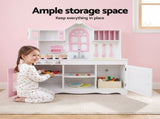 Keezi Wooden Kids Pretend Kitchen Playset with 29pc Food Set Pink White PLAY-WOOD-PRINCESS-3IN1
