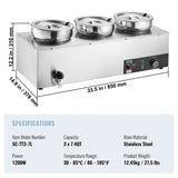 Electric Soup Warmer, Three 7.4QT Stainless Steel Round Pot, 1200W Commercial Food Warmer, 30 - 85&degC V952-BW3374QT1200W47W6V3