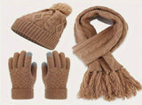 Women'S Winter Accessories Woolen 3 Piece Set Knitted Hat Scarf Touch Screen - Khaki - Size L V1347-939-54875-KHK-L