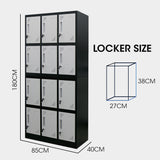 FORTIA 12-Door Metal Storage Locker Cabinet Gym Office Lockers Compartment, Black & Light Grey V219-STLFOA12DB