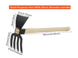 Dual-Purpose Hoe with Short Wooden Handle, Handheld Garden Tool 2 in 1 Rake and Hoe, Great for Loose V1366-AZ2-W-05027