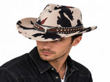 Beige Cow Print Western Cowboy Hat - Retro Cattle Head Studded Band, 57cm Head Fit, Wide Brim V888-ELOSUNG57120-2