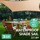 Instahut Waterproof Shade Sail 3x4m Rectangle Sand 95% Shade Cloth SAIL-WP-3X4-A-SAND