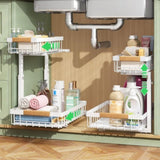 2-Tier Kitchen Under Sink Organiser Storage with Height Adjustable, Unique Slide Rail & Suction Cups V178-36081