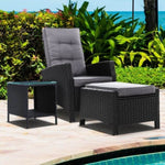 Gardeon 3PC Recliner Chairs Table Sun lounge Wicker Outdoor Furniture Adjustable Black ODF-RECLINER-CHOTTB-3BK