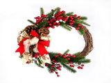Christmas Wreath with Pine Cones, Red Berries, and Festive Bow - 40cm Holiday Door Decor V888-ELOSUNG10490