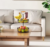 2-Tier Fruit Basket Bowl Storage with Wood Lift Handle and Dual Banana Tree Hanger for Kitchen V178-36086