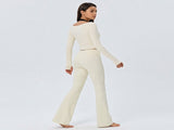 Women's Two-Piece Workout Set Size S- Beige Wrap-Up Long-Sleeve Top and High-Waisted Flared Pants V888-ELOSUNG57311-1