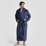 Men's Flannel Bathrobe blue XL Size - Soft Coral Fleece Hooded Kimono Collar Dressing Gown Loose Fit V888-ELOSUNG54493