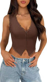2-Pack Brown French Vintage Lace Splice Camisole - Slim Fit Halter Top with Back Detail and V888-ELOSUNG39531