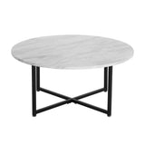 White Marble Effect Round Coffee Table with Black Legs V264-TAB-719C-WHE-BK