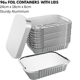 96x Aluminium Disposable Foil Food Container Trays Pans w/ Lids Covers Bulk 24cm*18cm*6cm V563-AF2418-4L-24PK