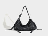 Distressed Black Denim Messenger Bag - Rivet Detail, Adjustable Strap, Large Streetwear Tote V888-ELOSUNG26916