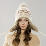 Women'S Knitted Hat Furry Ear-Flap Hat Pom-Pom Hat Winter Accessory Women'S - Beige - Size L V1347-939-76328-BEG-L