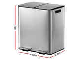 Cefito Pedal Bins Rubbish Bin Dual Compartment Waste Recycle Dustbins 60L Silver RB-60L-2C-SI