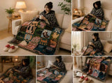 Black Warm Hooded Poncho Shawl and Animal Pattern Throw Blanket Set for Sofa, Bed and Winter V888-ELOSUNG54135