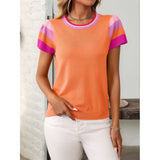 Women's Short Sleeve Color Block Tops Crewneck Pullover Sweater Knit Clothes Top for Casual Beach V1366-AZ2-W-14491