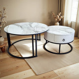Snowy Mountain Faux Modern Marble Slate Nesting Coffee Table Set Leather Wrapped Wood Drawers V255-CT-NESTING-BLKFRM-CW-WH