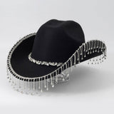 Western Cowboy Hat with Rhinestone Tassel Fringe - Black Felt-Style Party Hat with Decorative Chain V888-ELOSUNG57118-2