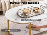 Artiss Coffee Table 2 Tier Oval Marble Finish Storage Shelf Metal Frame Center Table Living Room FUR-Z-COF11-GDWH