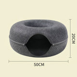 Beige Felt Donut Cat Bed with Zipper Tunnel Toy, Double-Layer Pet Cave for Cats, M Size , V888-ELOSUNG48637