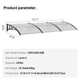 VEVOR Window Door Awning Canopy, 965 x 2975mm Door Canopy Exterior, UF50 PC Sunshade Sheet Awnings, V952-MCZYPYCB40120GZJNV0