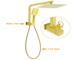 Brushed Gold Twin Shower 10" Rain Head Handheld Diverter Wall Arm Set Square Mixer V1233-A702GHS002M4CGKSS110GKSQ201G