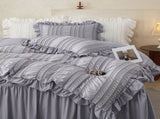 Black Elegant Ruffle Seersucker Duvet Cover with 2PCS Pillow Shams - 3-Piece Vertical Stripe Clipped V888-ELOSUNG49376