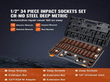 1/2" Drive Deep Impact Socket Set, 34pcs Socket Set Metric 6 Point Cr-MO Alloy Steel for V952-CJTTZ12CRMO3448AJV0