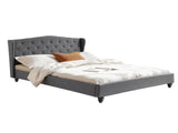Artiss Queen Bed Frame with Wingback Headboard Grey Linen Upholstered Platform Bed Base BFRAME-G-PIER-Q-GY-ABC