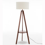 Natural Wooden Tripod Floor Lamp w/ Round Shelf + Off White Linen Shade - Cherry V563-75172