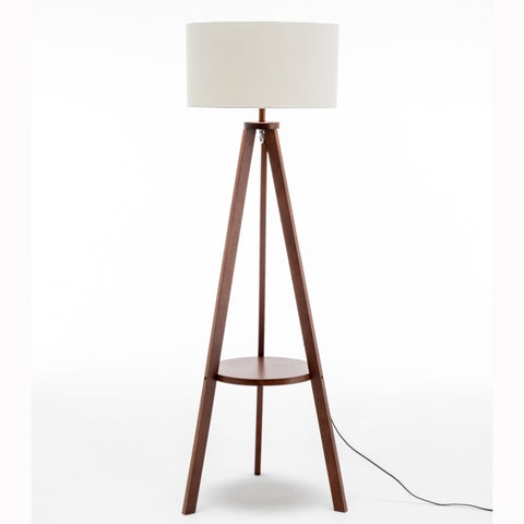 Natural Wooden Tripod Floor Lamp w/ Round Shelf + Off White Linen Shade - Cherry V563-75172