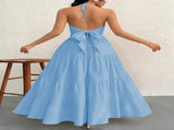 Blue M Size Women's Elegant Halter Maxi Dress Summer Backless V-Neck Sleeveless Long Beach Resort V888-ELOSUNG41131
