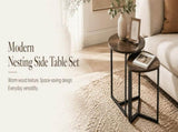 Nesting Side Tables Set of 2, Round End Tables with Rustic Brown Wood Look Top and Black Metal V1338-WAK0060