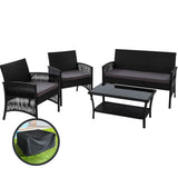 Gardeon 4PCS OutdoorSofa Set with Storage Cover Wicker Harp Chair Table Black ODF-RATTAN-HARP-BK-AB-COVER