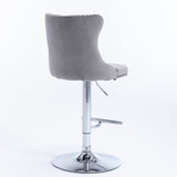 2x Height Adjustable Swivel Bar Stool Velvet Stud Barstool with Footrest and Chromed Base- Gray V226-SW1712GY