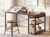 Artiss Computer Desk Drafting Drawing Table Tiltable Top Rustic Brown 108cm MET-DESK-26137-RB