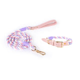 pinkpurple Hand-Woven Rainbow Cotton Rope Dog Leash and Collar Set - Adjustable Veg-Tanned Leather V888-ELOSUNG18441