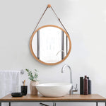 Hanging Round Wall Mirror 38 cm - Solid Bamboo Frame and Adjustable Leather Strap for Bathroom and V178-36014