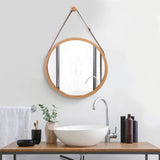 Hanging Round Wall Mirror 38 cm - Solid Bamboo Frame and Adjustable Leather Strap for Bathroom and V178-36014