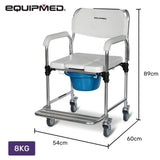 Equipmed Commode Shower Chair, Over Toilet or Bedside 136kg Capacity Aluminium frame with Wheels, V219-HELSBSEQCC4A