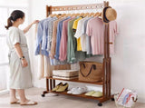Walnut Wood Rolling Clothing Garment Rack Open Wardrobe Entryway Bedroom Shop V767-JJ-ZY791