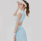 Blue Size M Women's Tennis Dress - Pleated Skirt One Piece Sports Dress with Built In Shorts, Open V888-ELOSUNG57303-2